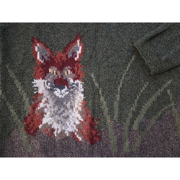 Orvis 100% Wool Green Sweater- Fox Animal Cozy Grandpa Size Medium - Picture 3 of 7